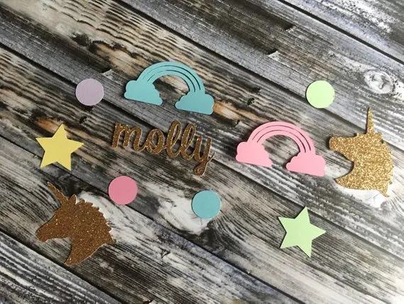 Персонализировать Единорог тематические девушки День рождения confettis baby shower Разбрасыватели конфетти для стола христианское распятье confettis