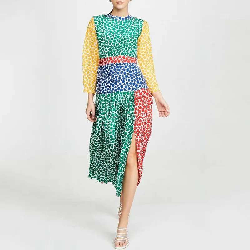 

Women Autumn Dress Color Block Floral Print High Waist Midi Pleated Dress Women