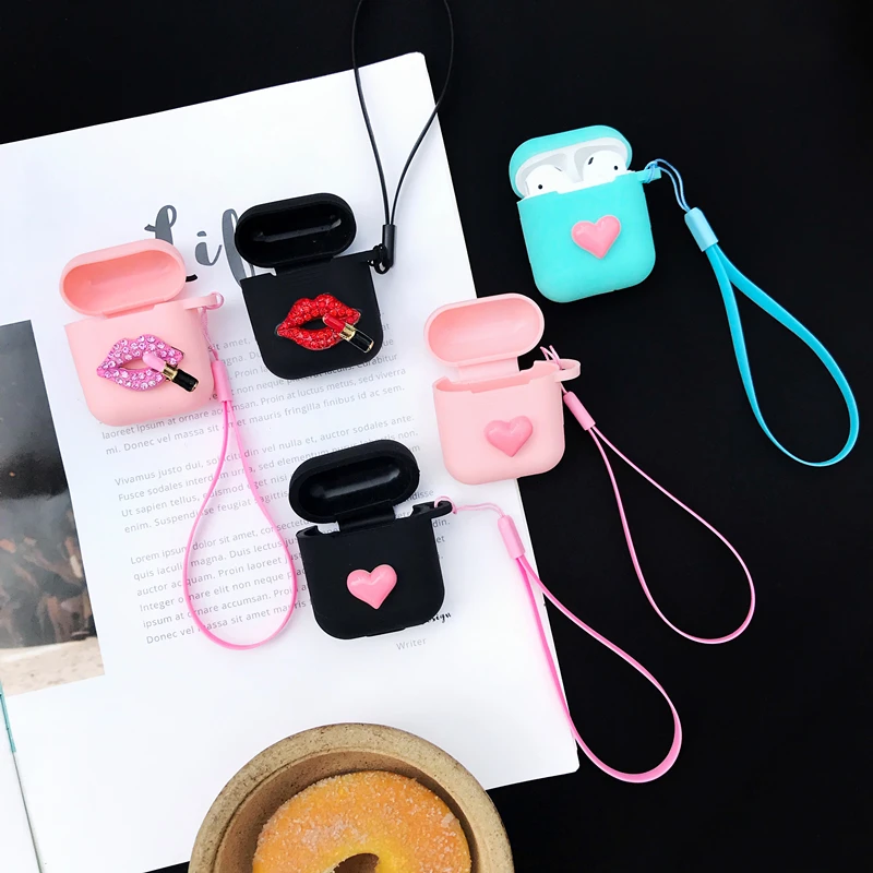 

Super cute PINK 3D love diamond girl sexy lips silicone lanyard Headphone Earphone Case For Apple Airpods Accessories cover