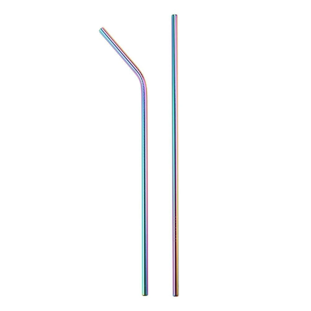 8Pcs 6mm Reusable Rainbow Straight Curved Drinking Straw Stainless Steel Cutlery