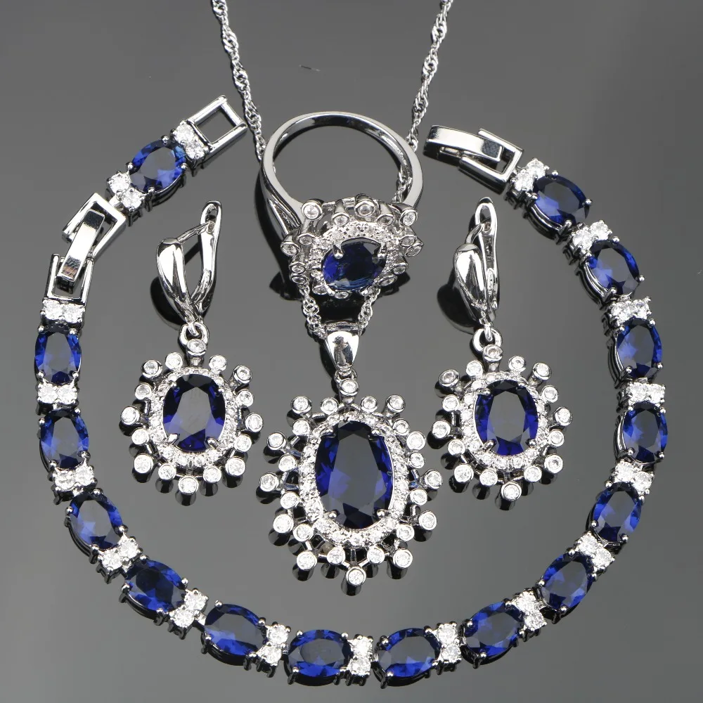 

Costume Silver 925 Jewelry Sets Women Blue Zircon Christmas Earrings/Pendant/Rings With White Stones Set Jewelery Gift Box
