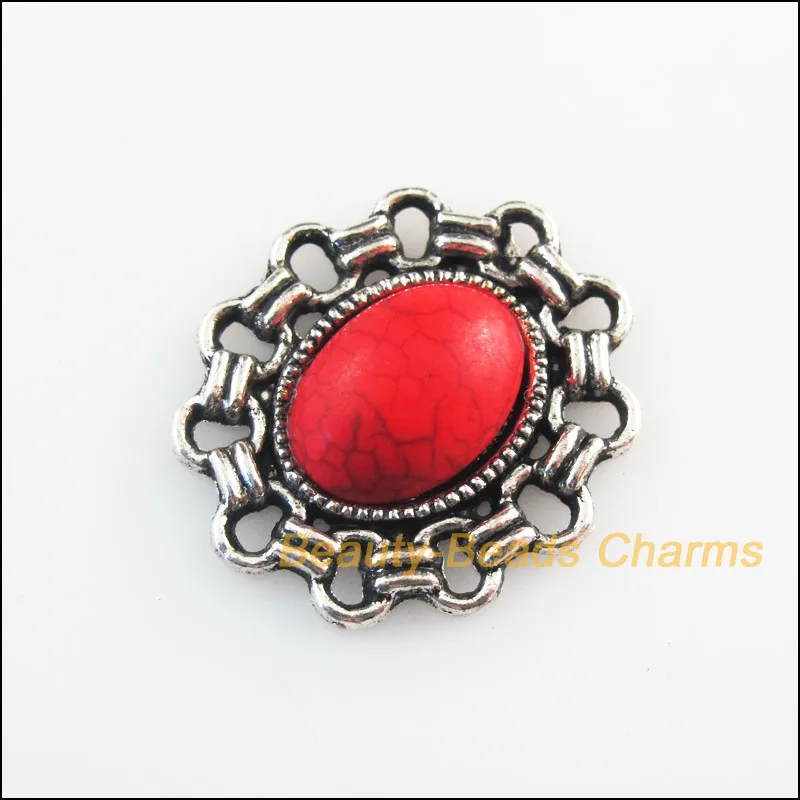 

3 New Charms Flower Oval Red Stone Tibetan Silver Connectors Retro 23.5x26mm