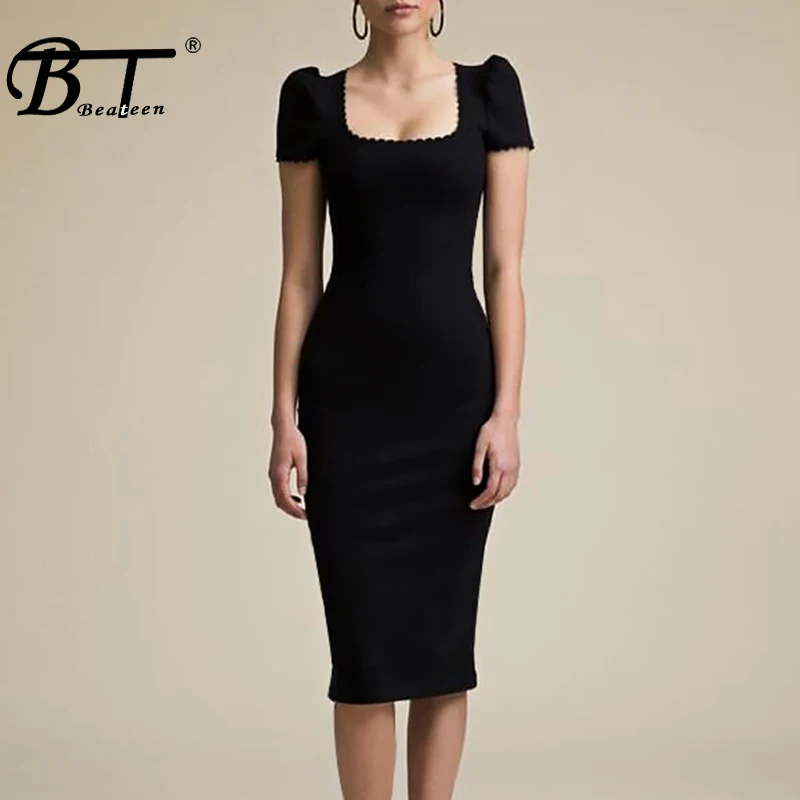 Beateen, новинка, женское сексуальное платье средней длины с квадратным вырезом на спине и вырезом, элегантные вечерние платья черного цвета