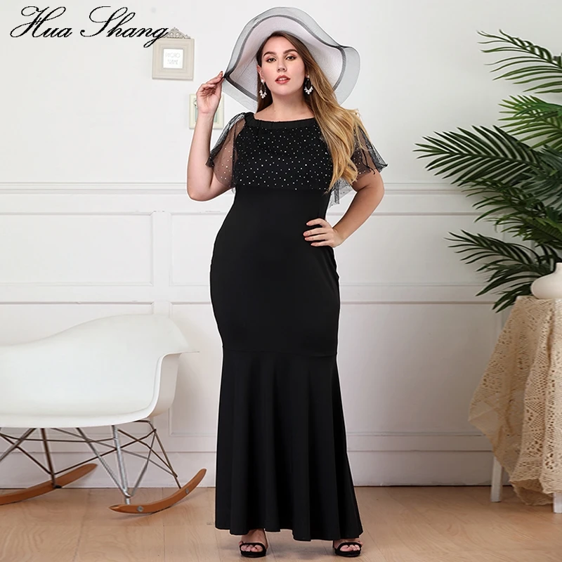 

Plus Size Party Dress Women Summer Ruffles Slash Neck Short Sleeve Slim Bodycon Mermaid Dress Black Ladies Maxi Long Dresses