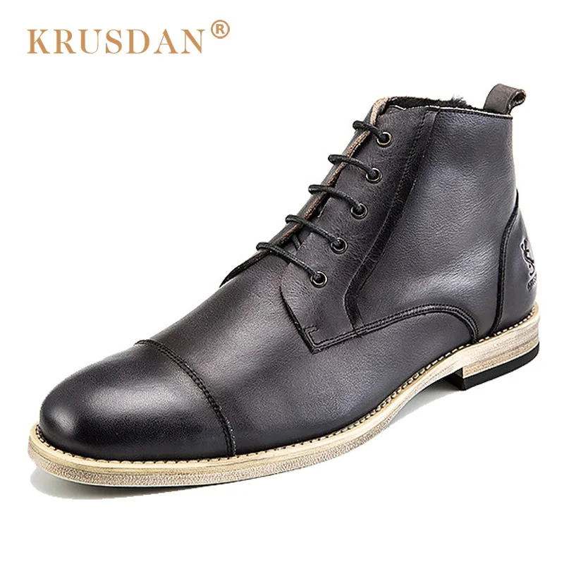 

KRUSDAN British Style Man Handmade Outdoor Riding Ankle Boots Genuine Leather Round Toe Lace-up Men's Cowboy Martin Shoes OQ41