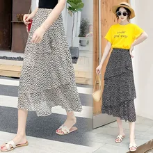 Новое летнее длинное шифоновое платье с волнообразной юбкой для женщин в Корейском стиле с высокой талией точка нерегулярные средней длины, из шифона; юбка для девочек