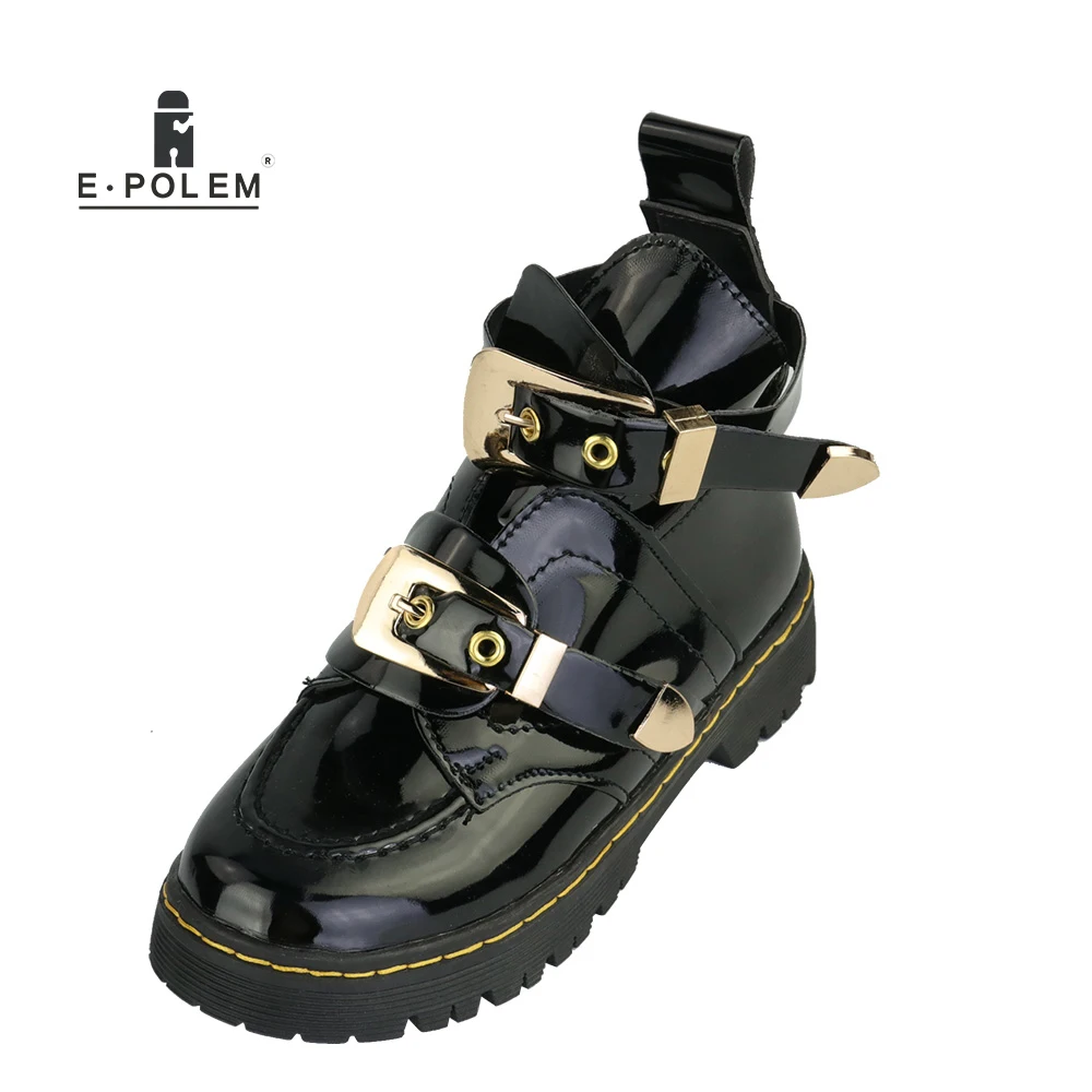 New Patent Leather Metal Buckle Boots Side Air Breathable Women's Shoes Hollow Out Fashion Pumps