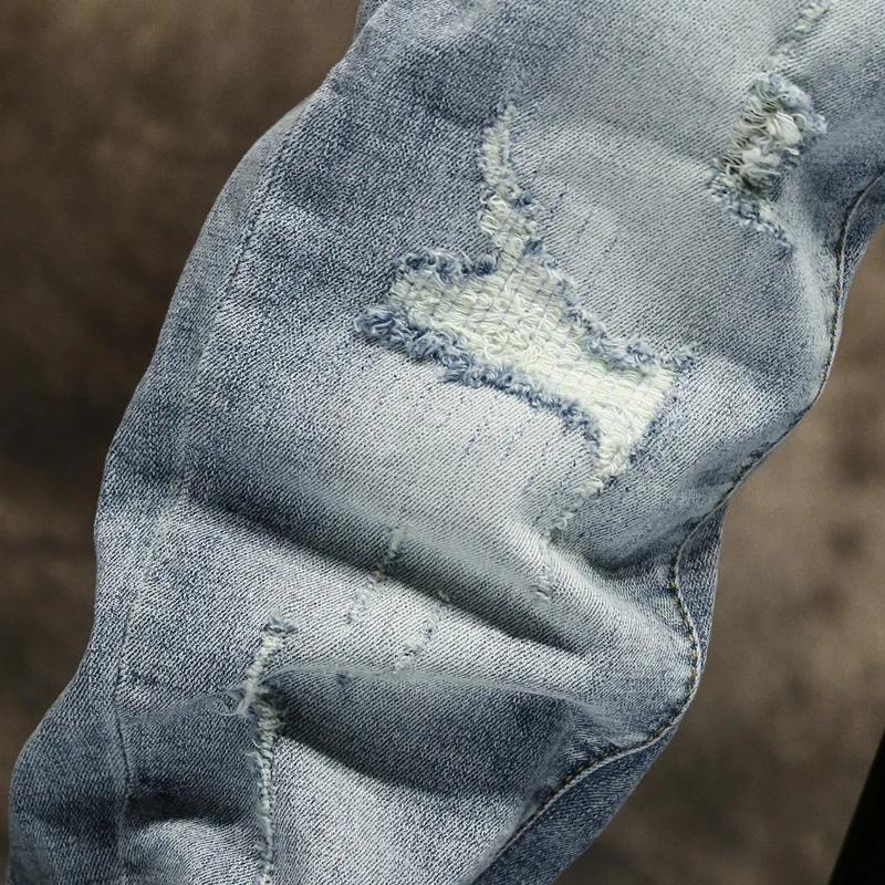 Ripped Jeans Men Skinny Light Blue High Street Style Male Jeans Elasticity Slim Fit Frayed Casual Men Pants Trousers Biker