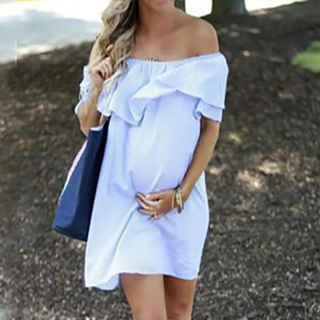 

MUQGEW Women Maternity One shoulder Solid Sundress zKnee-Length Sexy Dress dress for pregnant women summer robe femme enceinte