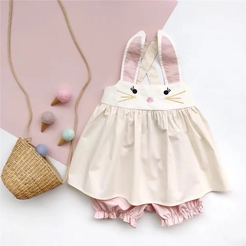 

2019 New summer baby clothing set tops + shorts embroidered tops with cute rabbit ears & pink shorts