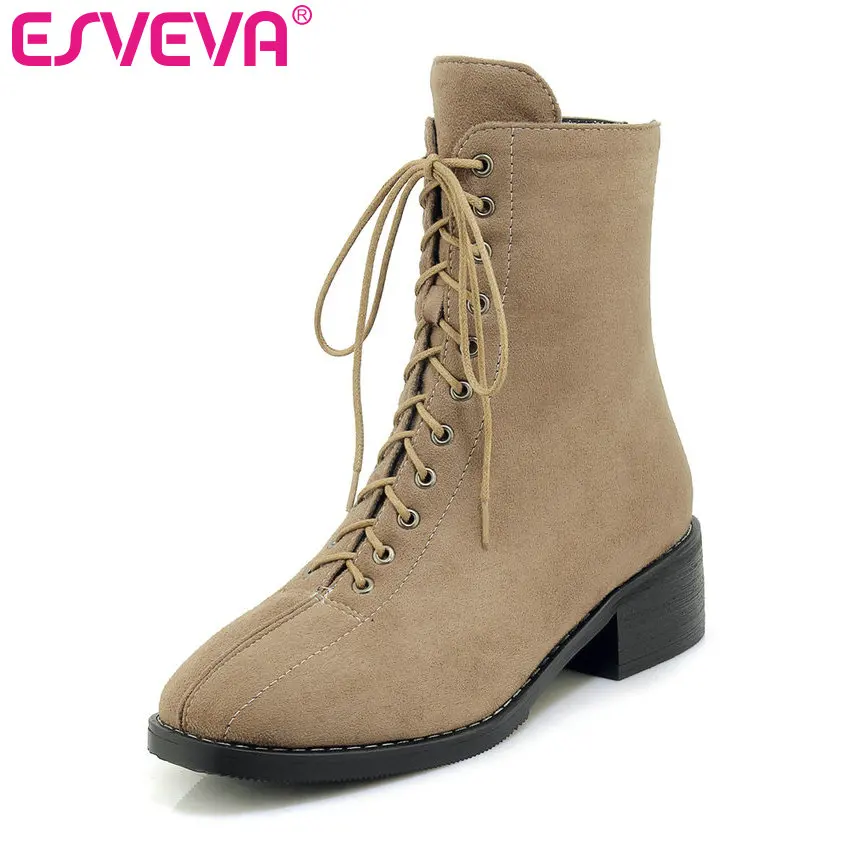 

ESVEVA 2020 Square Heel Women Shoes Winter Ankle Boots Zipper Flock Motorcycle Concise Round Toe Short Boots Size 34-43