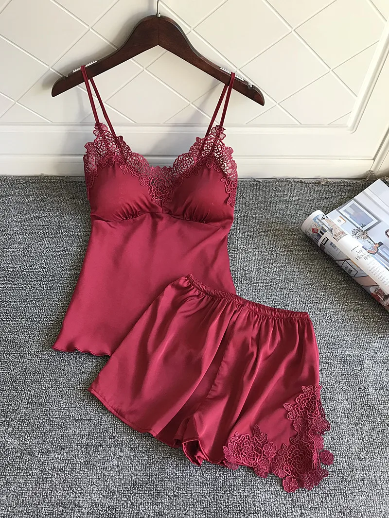 Pajamas Set Sexy Silk Satin Lace Sleeveless Pyjamas Set Women Summer Sleepwear Nightwear Lingerie Female Home Wear Lingerie     2