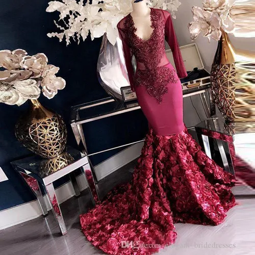 Sexy в африканском стиле Выпускные платья Burgundy платье-Русалка с длинным рукавом V воротником обшитые бисером кружевное платье с цветочным рисунком поезда для выпускного вечера вечерние платья для черного цвета для девочек - Цвет: Красный