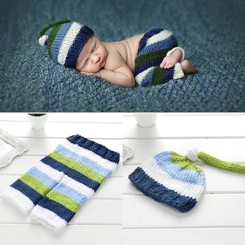 

2 Pcs/Set Newborn Baby Crochet Knit Striped Photography Outfits with Hat Long Pants YJS Dropship