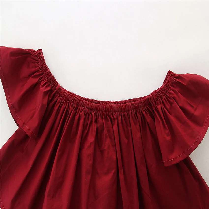 EABoutique الرجعية أزياء الفتيات الملابس كشكش shoulderless النبيذ الأحمر أعلى مع ثقب الجينز قصيرة عقال الفتيات مجموعة ملابس