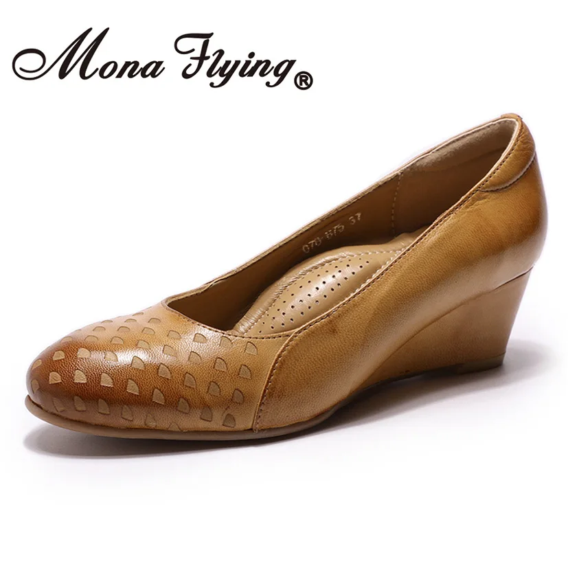 Mona Flying/женские туфли-лодочки на танкетке из натуральной кожи; модельные туфли ручной работы с круглым носком на высоком каблуке для женщин; 078-A05 - Цвет: Brown-B75