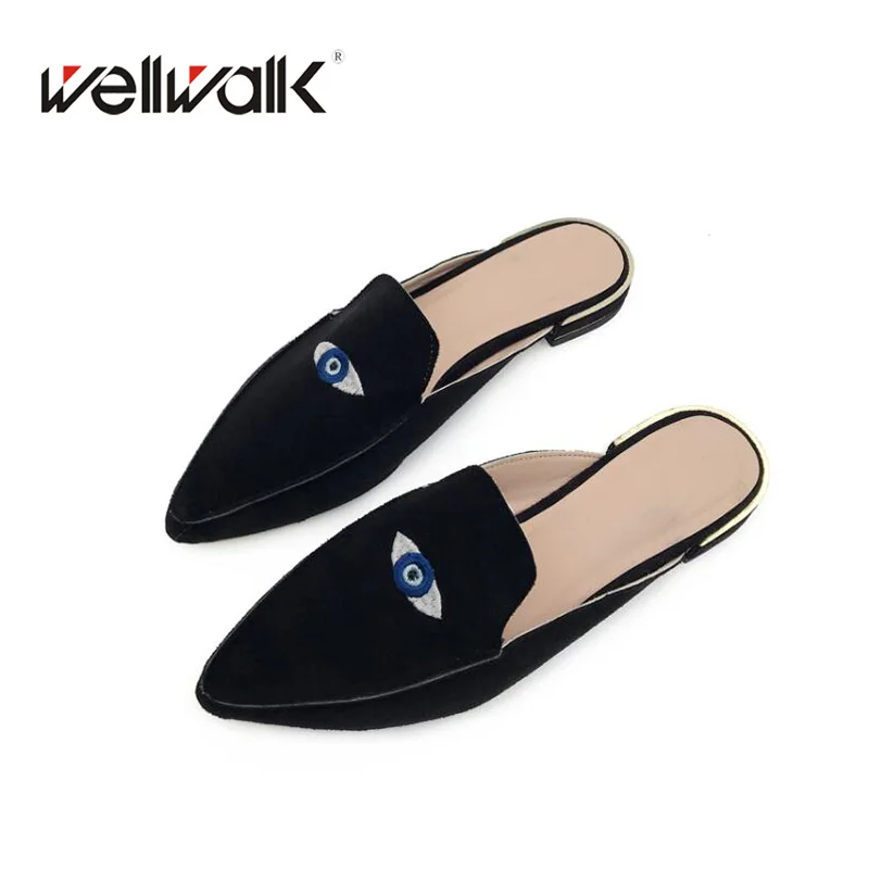 2018 Fashion Flock Lady Slippers Pointed Toe Women Flat Mule Eyes