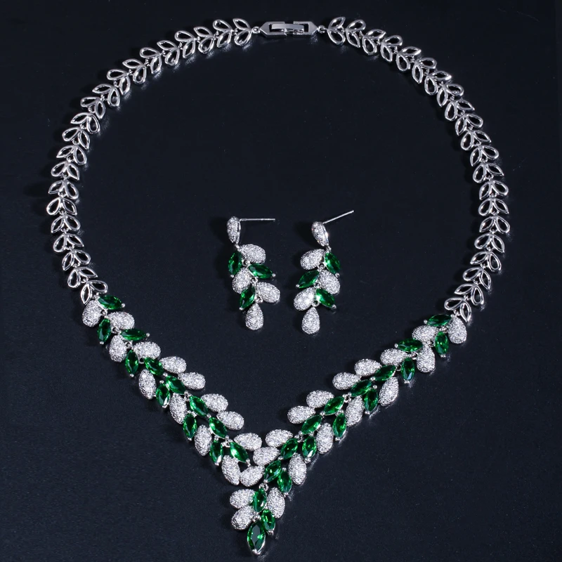 Threegraces Silver Color Nigerian Wedding Necklace Earring Jewelry Sets Luxury Green Zircon Crystal Jewelry Set for Women JS014