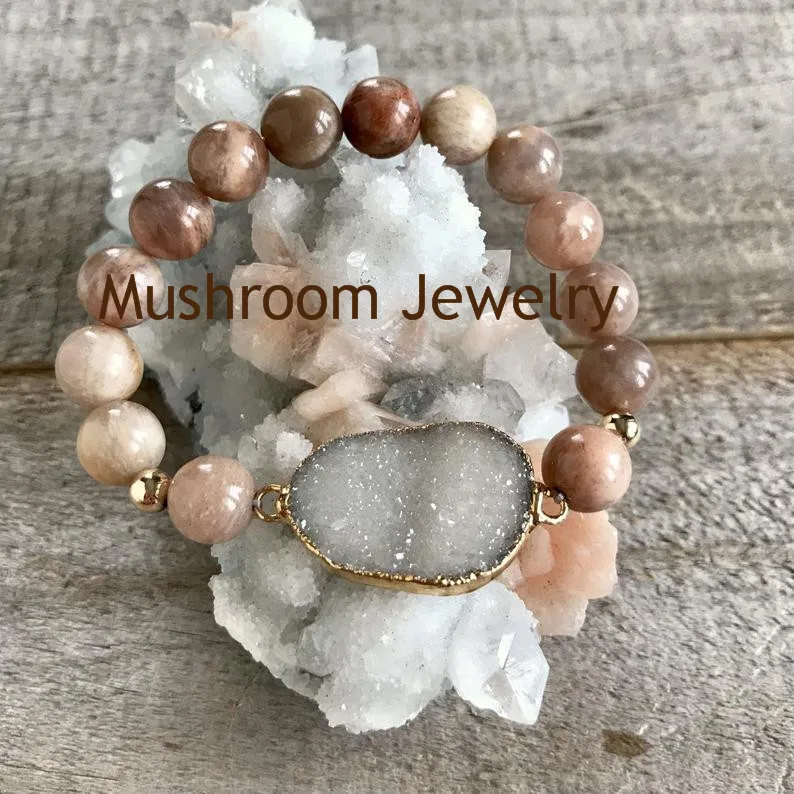 Boho Chic Druzy Bracelet Jewelry Sunstone Beads Natural Stone Braclet Gold Ball Metal Bracelet