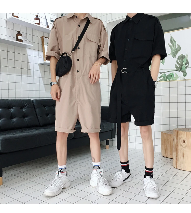 

PADEGAO Brand Summer 2019 Loose style casual men's one-piece shorts and short sleeves with belt one-piece suit