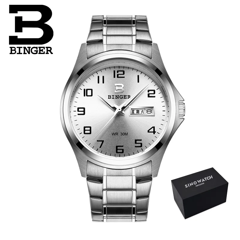 Полностью нержавеющие часы, швейцарские роскошные мужские часы Бингер, брендовые Кварцевые водонепроницаемые часы с полным календарем, мужские наручные часы B3052A7 - Цвет: BN-S-silver silver