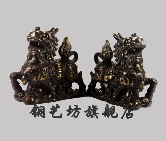 

7" China Fengshui Door Guardian Beast Dragon Kylin Protect Home Bronze Statue