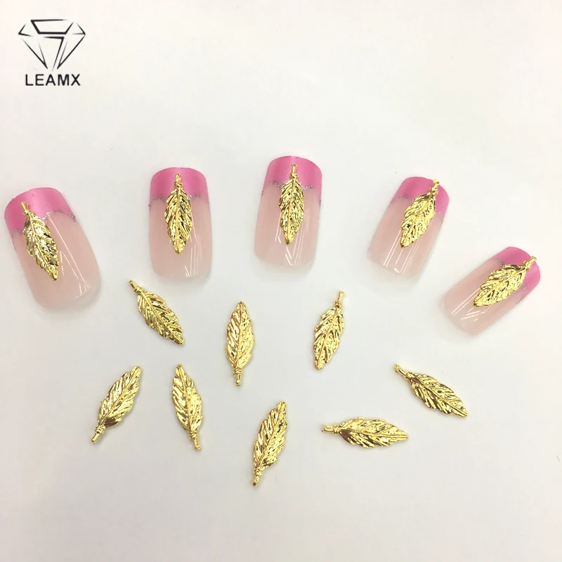 LEAMX 10 PCS/bag Leaf Nails Art Decoration 3D Nail Charms Gold Alloy Jewelry For Manicure Decor Accessories Nail Stickers L390