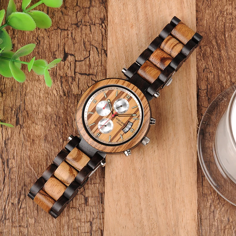 BOBO BIRD P17 Wooden Mens Watches Bearing Design Date Display Wristwatch for Male