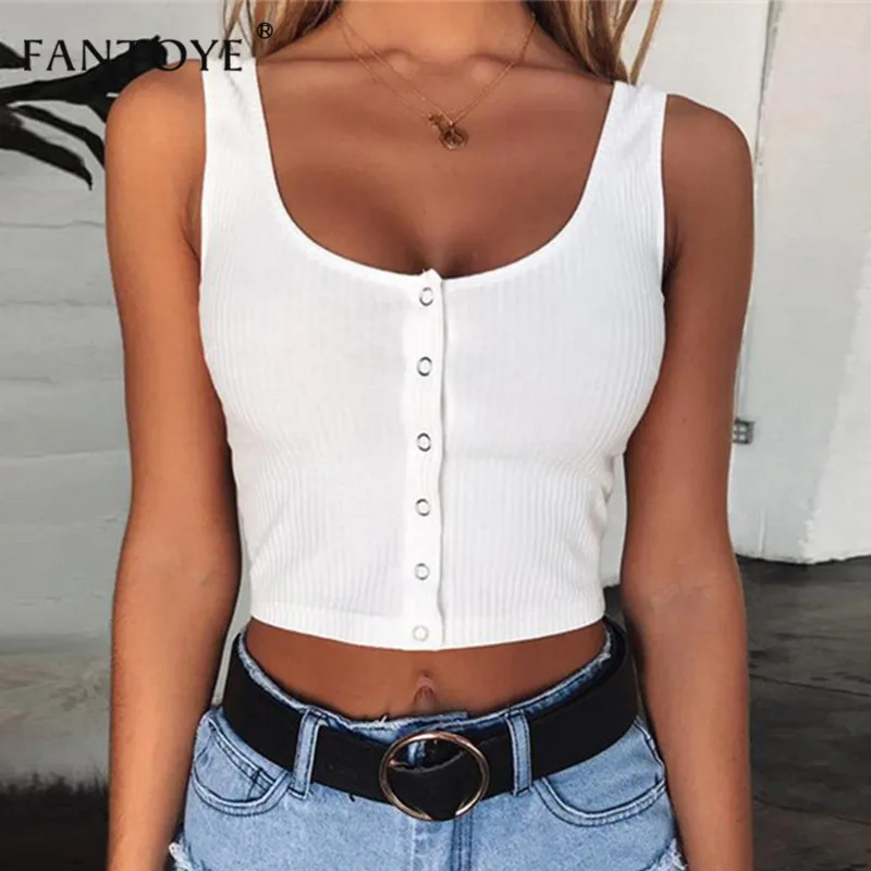 

Fantoye Solid Low Collar Basic Crop Top Women Sexy Sleeveless Buttons Top Tees Skinny Backless Slim Streetwear Femme Tank Tops