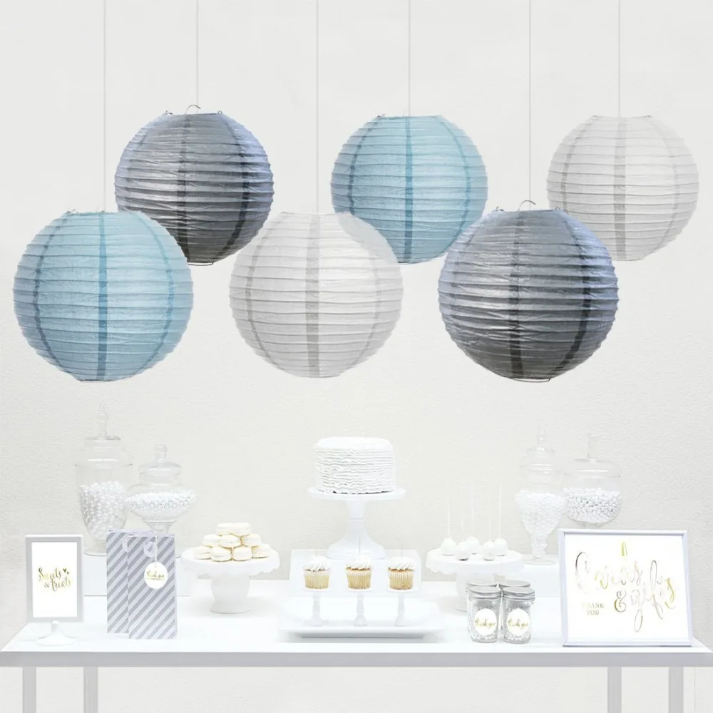 Pack of 12 Baby Blue Grey White Paper Lantern Boy Baby Shower Party