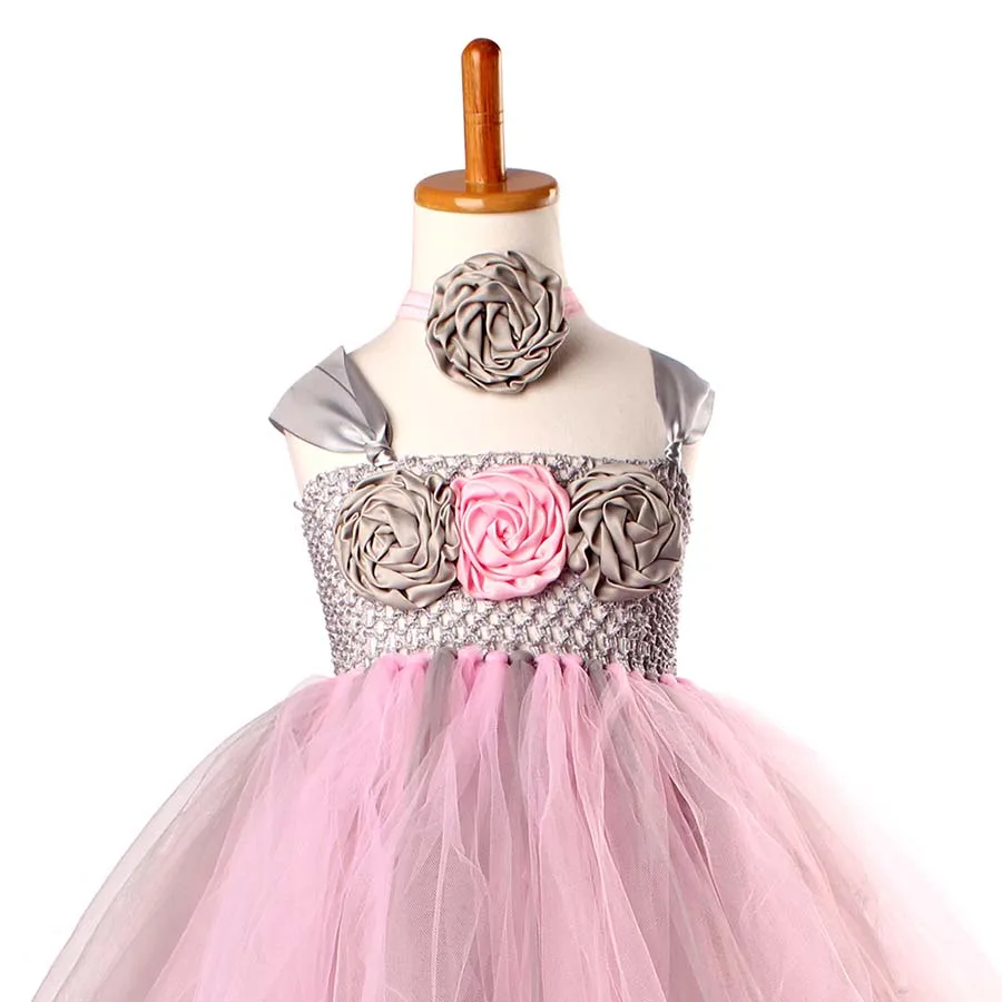 Princess Pink and Grey Flowers Tutu Dress with headband Girls Formal Wedding (3)