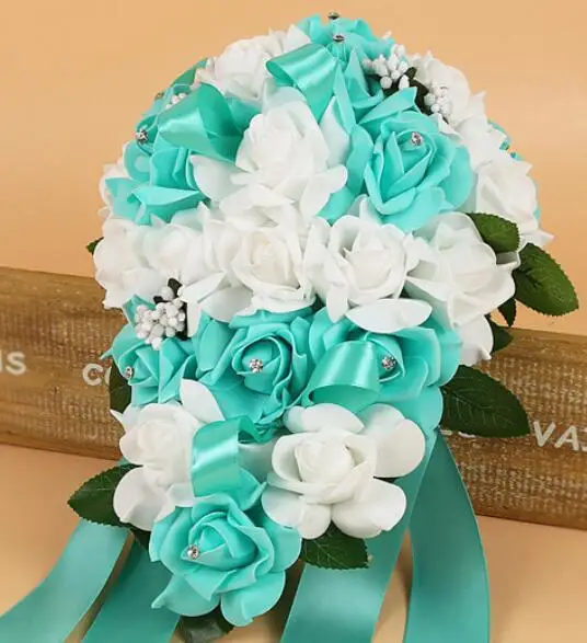 

PE Foam Flower Artificial Bridal Bouquets Crystal Bridesmaid Bridal Wedding Bouquets Water Drop Shaped Turquoise Royal Blue 131