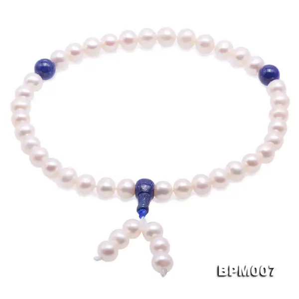 

Unique Pearls jewellery Store Buddhist boutique 8.5-9.5mm white circular freshwater pearl bracelet Blue Lapis Buddha string