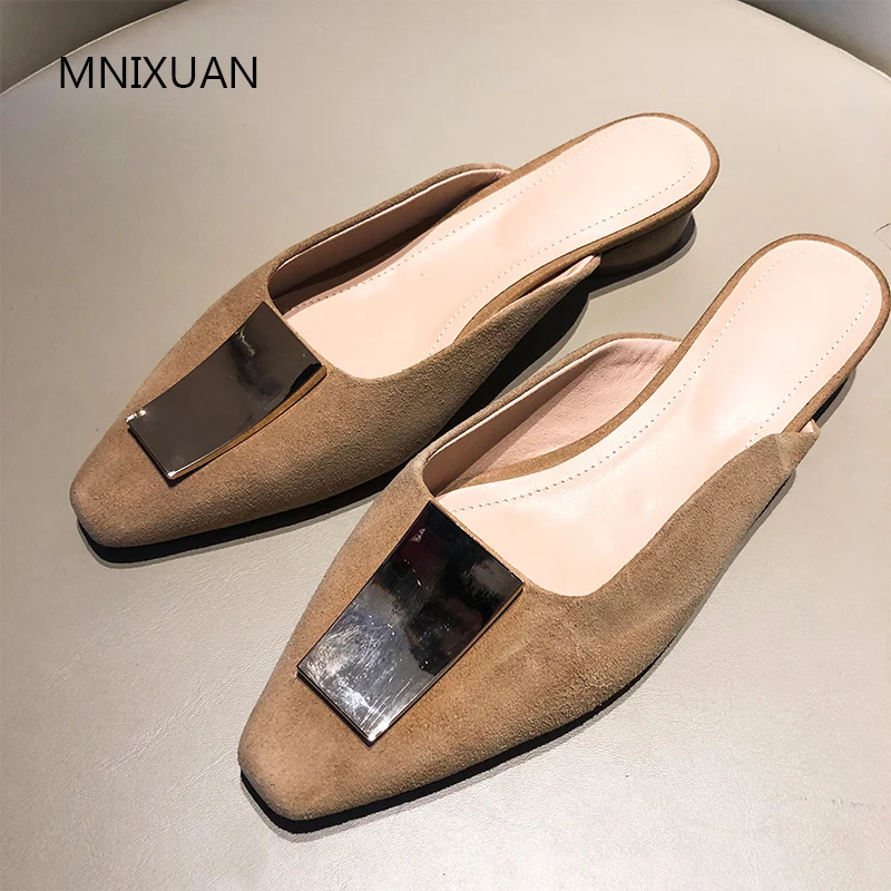 

MNIXUAN Handmade comfortable women pumps mules shoes low heels 2019 new sheep suede square buckle slip on block heeled size 42