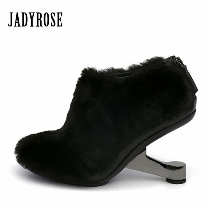 

Jady Rose 2020 New Metal Strange Heel Women Ankle Boots Black Winter Fur Boots Back Zipper Short Botas Mujer Women Pumps