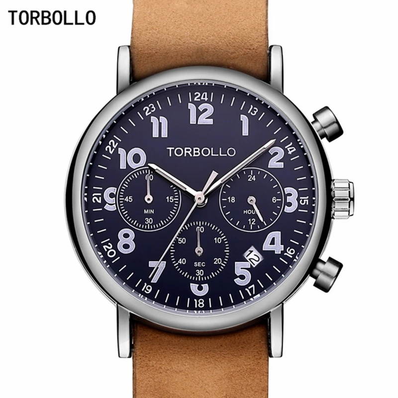 

Torbollo Brand Sport Men Watch Top Brand Luxury Male Leather Waterproof Chronograph Quartz Military Wrist Watch Men Clock saat