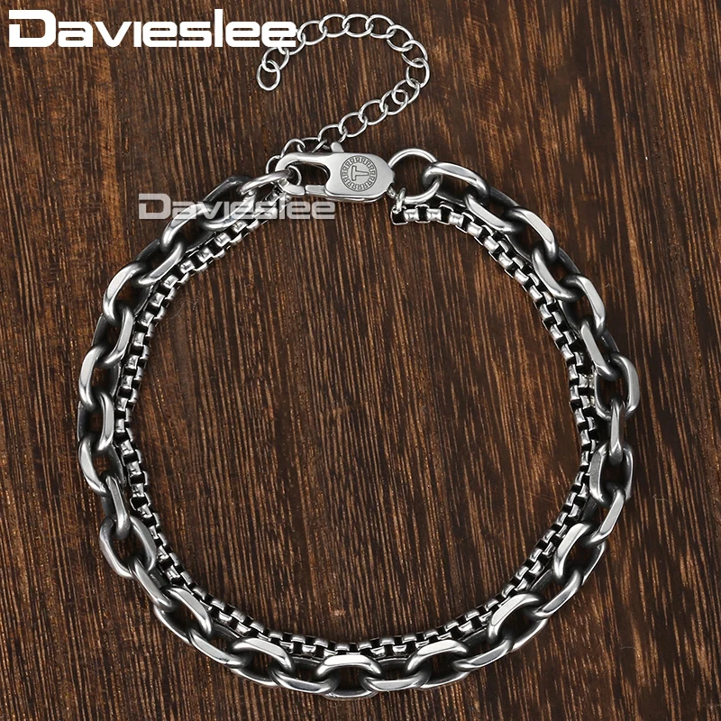 

Davieslee Bracelet For Men Women Cable Box Link Double Chain Silver Tone Stainless Steel Adjustable Men's Bracelet DDB11