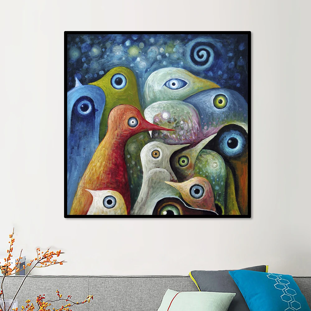 Картина настенная разноцветная с абстрактными квадратными птицами|abstract bird