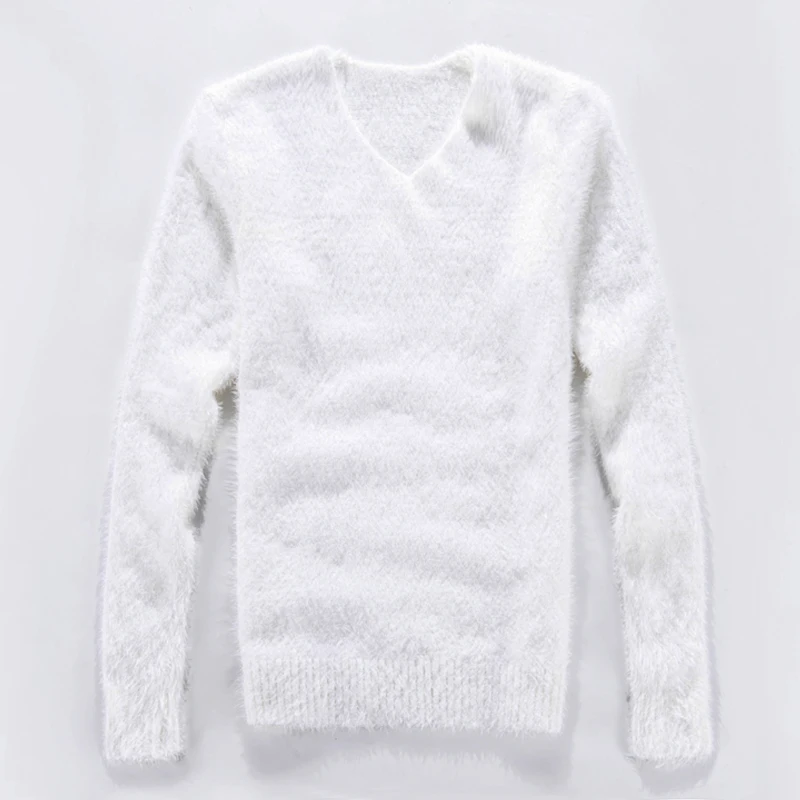 Осенне-зимний Модный хлопковый тонкий Однотонный пуловер с v-образным вырезом, мужской свитер, длинный теплый свитер с подкладкой, большой размер 3XL - Цвет: Белый