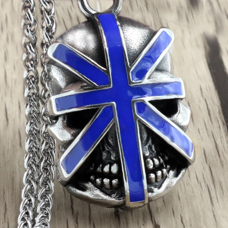 New Necklace Men Biker Motorcycle Style Stainless Steel blue Cross Skull Pendants Necklaces 