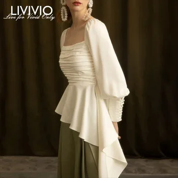

[LIVIVIO] Vintage Irregular Tops Female Square Collar Lantern Long Sleeve Ruffle Hem Shirts Blouse Women 2019 Spring Fashion
