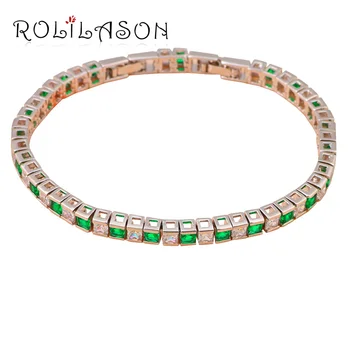 

ROLILASON Simple cubic design square cut Green crystal Zircon Silver Bracelet women for fashion jewelry brunch style TB704