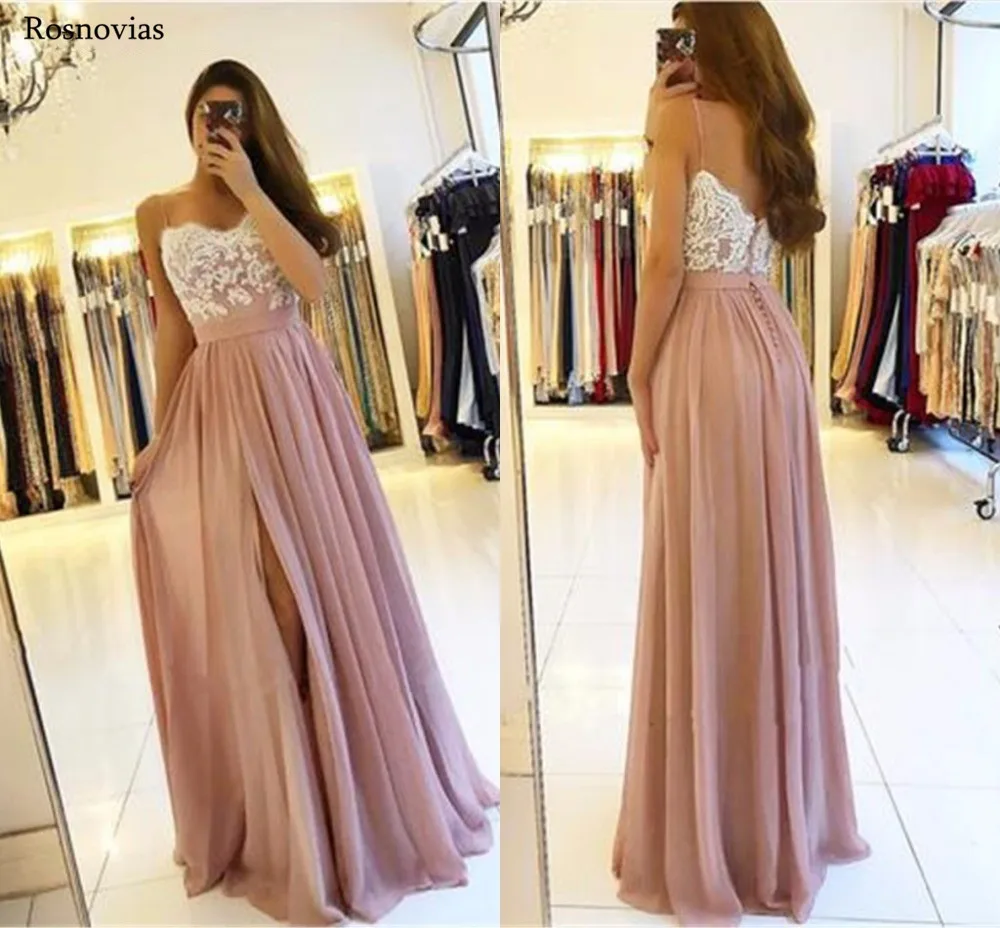 

Cheap Side Split Prom Dresses 2019 Spaghetti Strap Backless Sweep Train Lace Appliques Evening Party Gowns Long Prom Dresses