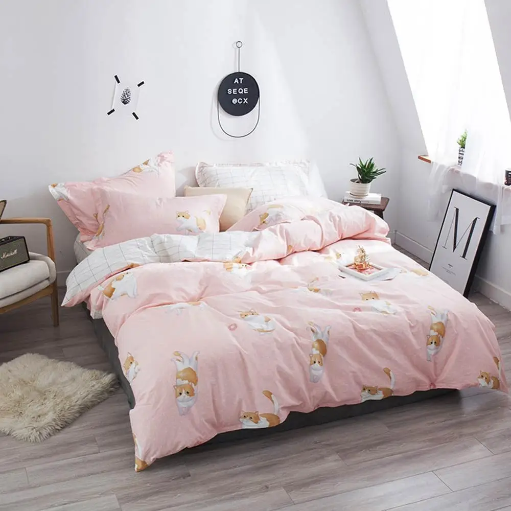 

2019 Lovely Cats Light Pink Cartoon Bed Cover Soft Cotton Bedlinens Twin Queen King Duvet Cover Set Bedspread Pillowcases