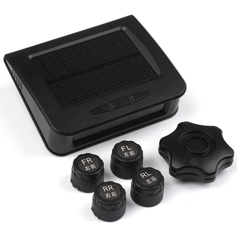 E-showtree Solar Powered Car TPMS with 4 External Sensors BAR PSI Tire Pressure Monitor Temperature System Digital Display Alarm