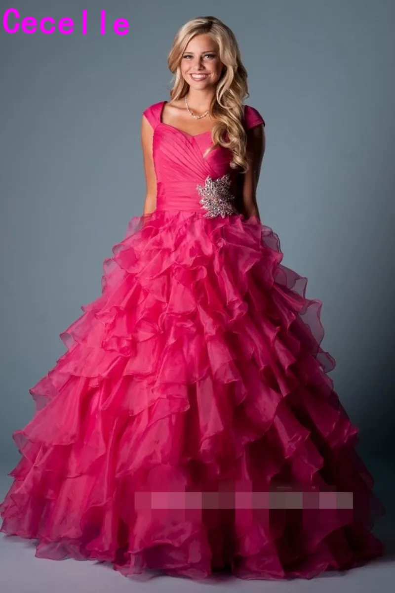 Yellow Ruffles Organza Modest Prom Dresses 2019 With Shoulder Straps