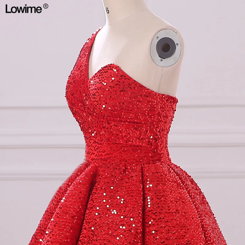 Shiny Red Sequined Arabic Ball Gown Prom Dresses Evening Gown Abendkleider One Shoulder Tea Length Women Party Dress (5)