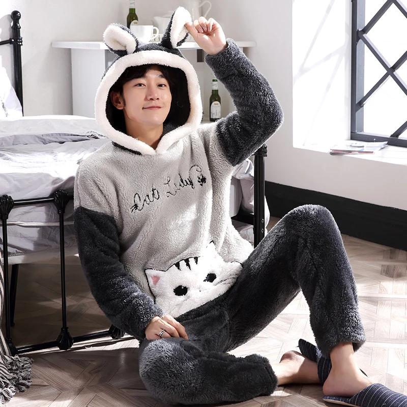 New Men's Pajamas Set Warm Flannel Pijama Men Cartoon Printing Men's Sleep Lounge Pyjama Sets Homewear Nightgowns
