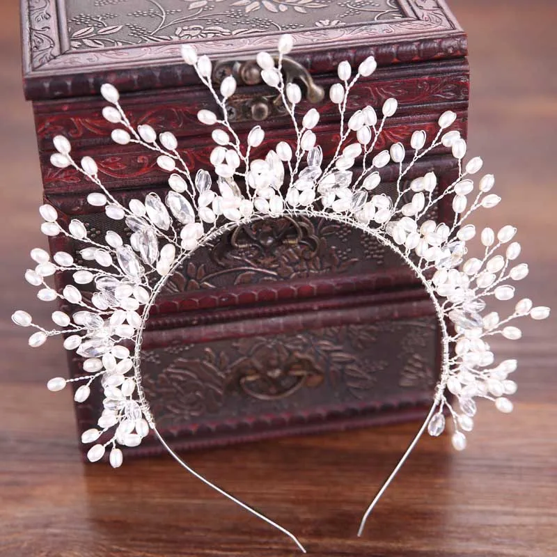 

Vintage White Flower Crystal Pearl Beads Headband Tiaras de Noiva Bridal Headpiece Head Jewelry Wedding Hair Accessories BH