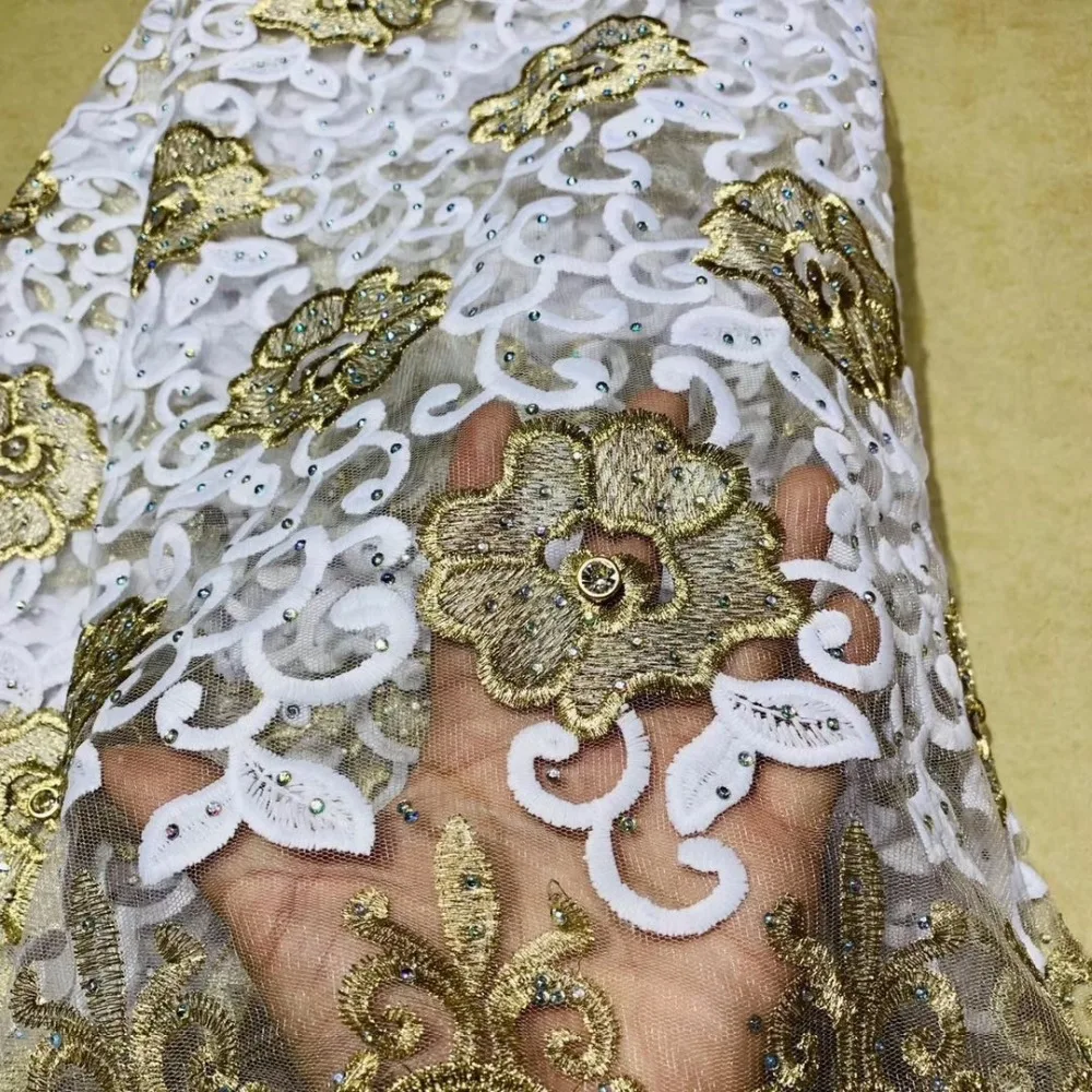 

Newest African Tulle Lace Fabrics 2019 White+Gold Embroidery french tulle lace fabrics 5 yards High Quality With Stones 520